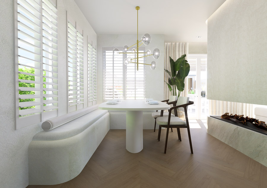 Lichte eetkamer met ronde tafel, designstoelen en hanglamp