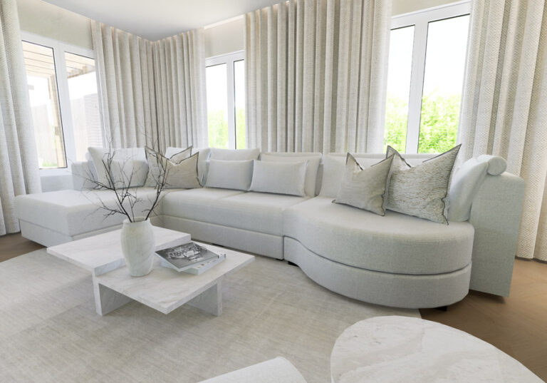 Fotorealistische 3D-render van een lichte woonkamer met ronde bank