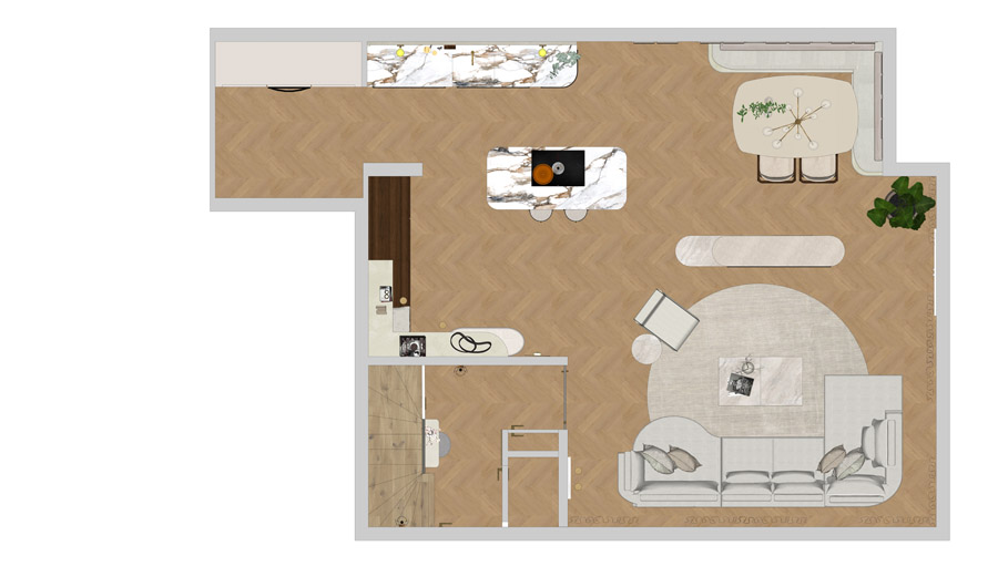 Plattegrond met meubelplan en indeling, getekend door Atlas Interiors
