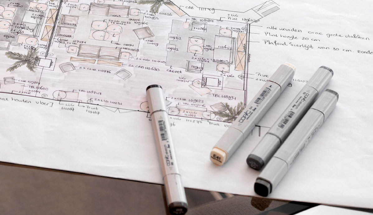 Handgetekende interieurschetsen van Atlas Interiors